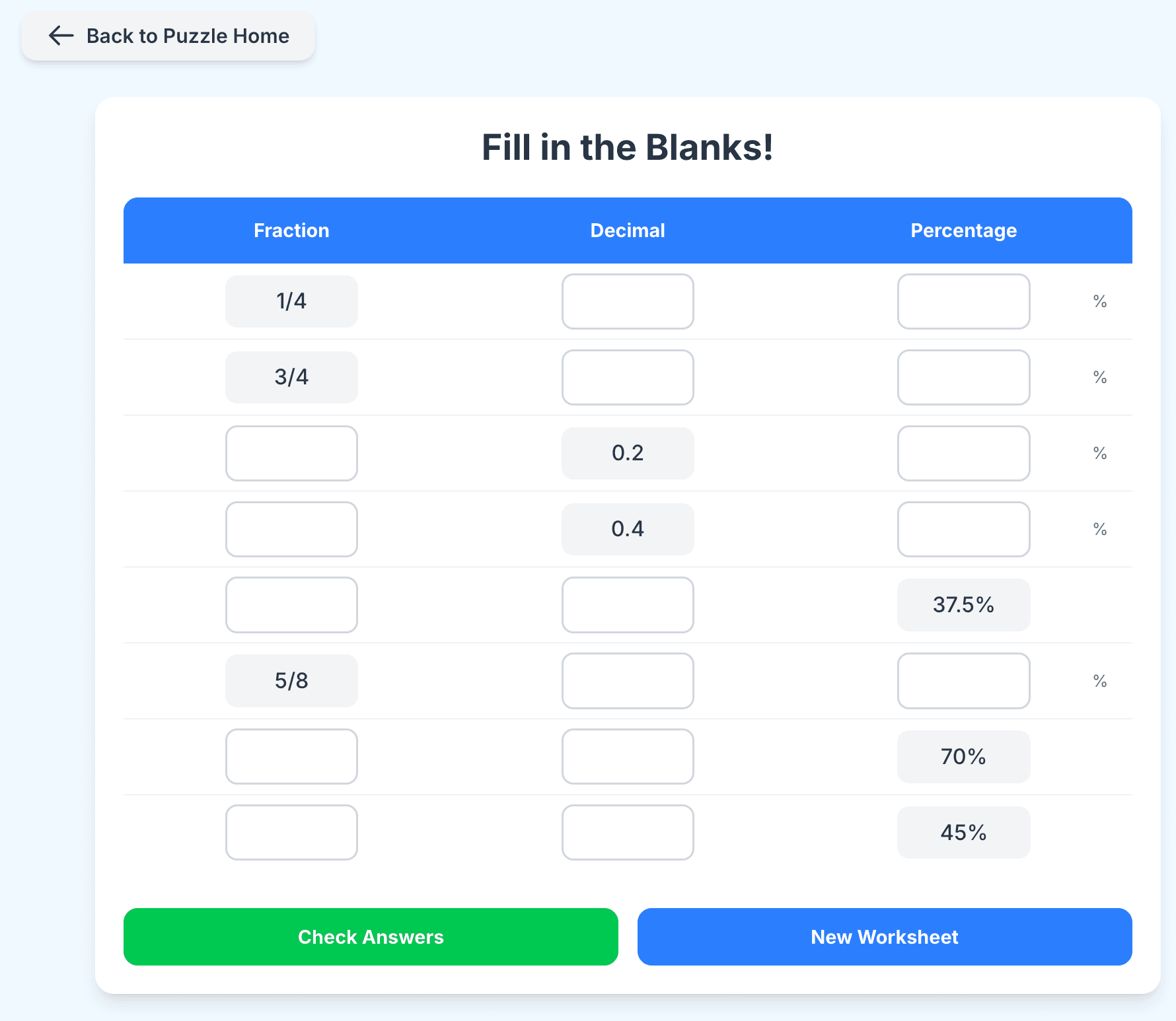 Partial Numbers – fractions, decimals and percentages practice for Year 5-6